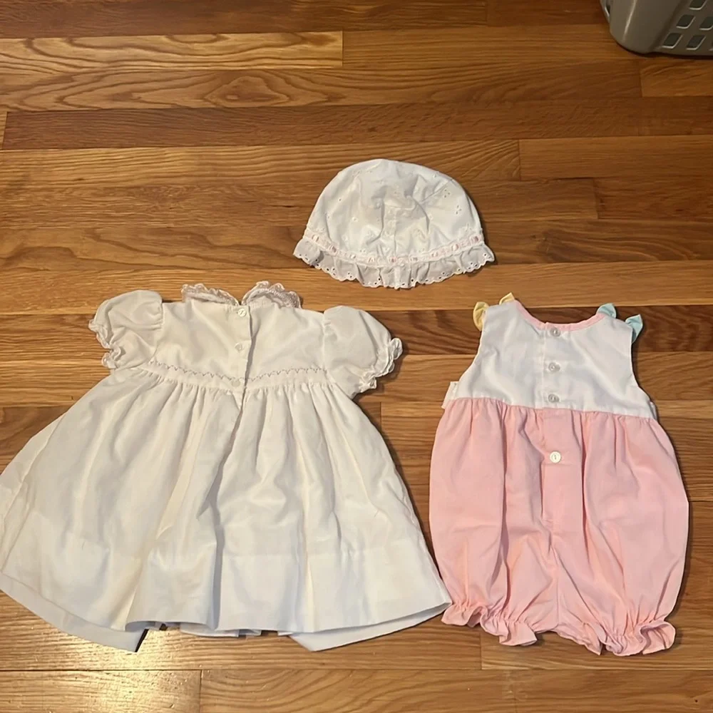 Baby Sarah Louise smocked White‎ Dress (6months), Pink butterfly Romper, and hat